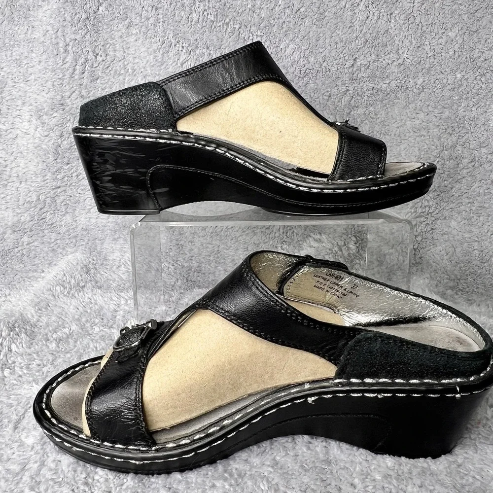 Alegria Lara Leather T Strap Sandals Womens Size 37 US 7 Black Adjustable